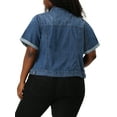 thumbnail image 3 of Agnes Orinda Women's Plus Size Button Front Work Crop Short Sleeves Denim Jacket 2X Blue, 3 of 7