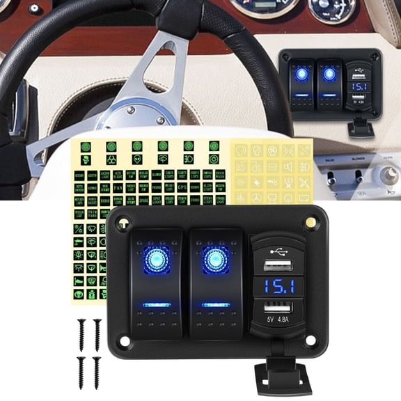 Waywe 2 Gang Rocker Switch Panel Blue Backlit with 4.8 Amp Dual USB Charger Voltmeter Waterproof 12V 24V DC Rocker Switch for Car Trucks Boats RVs