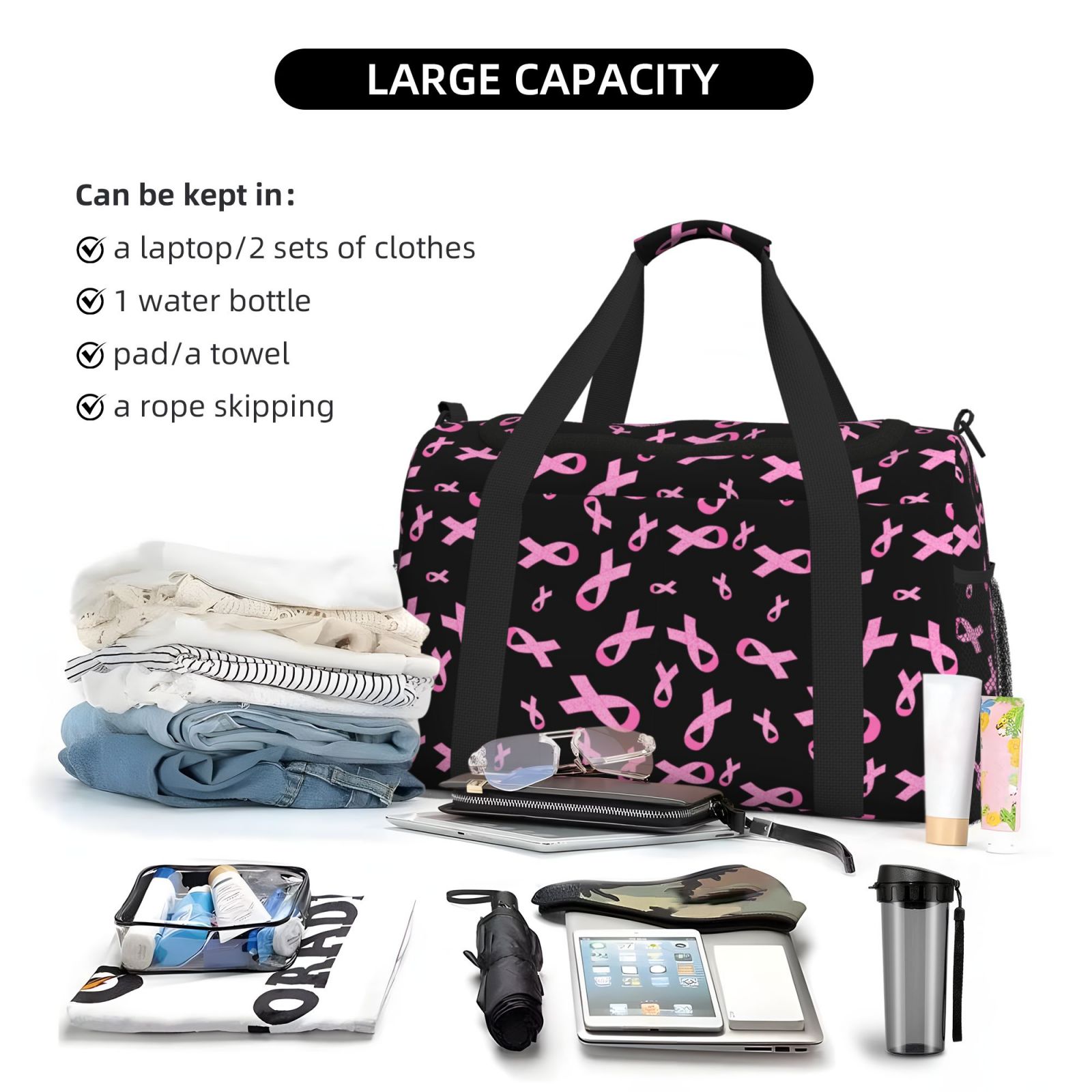 Kuqiui Breast Cancer Awareness Print Foldable Travel Duffel Bag Tote Carry on Luggage Bag Personal item Sports Gym Bag Water Resistant Weekender Overnight Bags for Women and Men