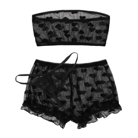 ge Corsets for Women Exotic Thong Heart Pattern Frill Short Sleeve Christmas Pajamas for Couples Trim Sheer Lingerie Set Pajamas Chemise Lingerie ceangrtro Black (3Packs) Black (3Packs)