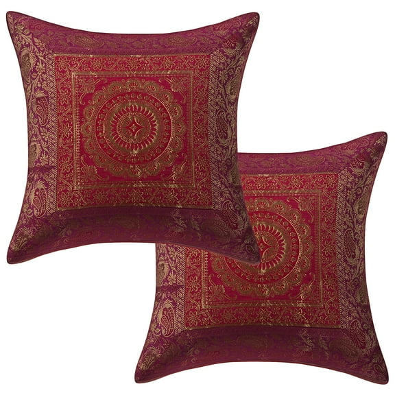 Stylo Culture Ethnic Couch Throw Pillow Covers 16x16 Jacquard Magenta Square 40x40 cm Home Decor Brocade Floral Mandala Zippered Cushion Covers | Set Of 2