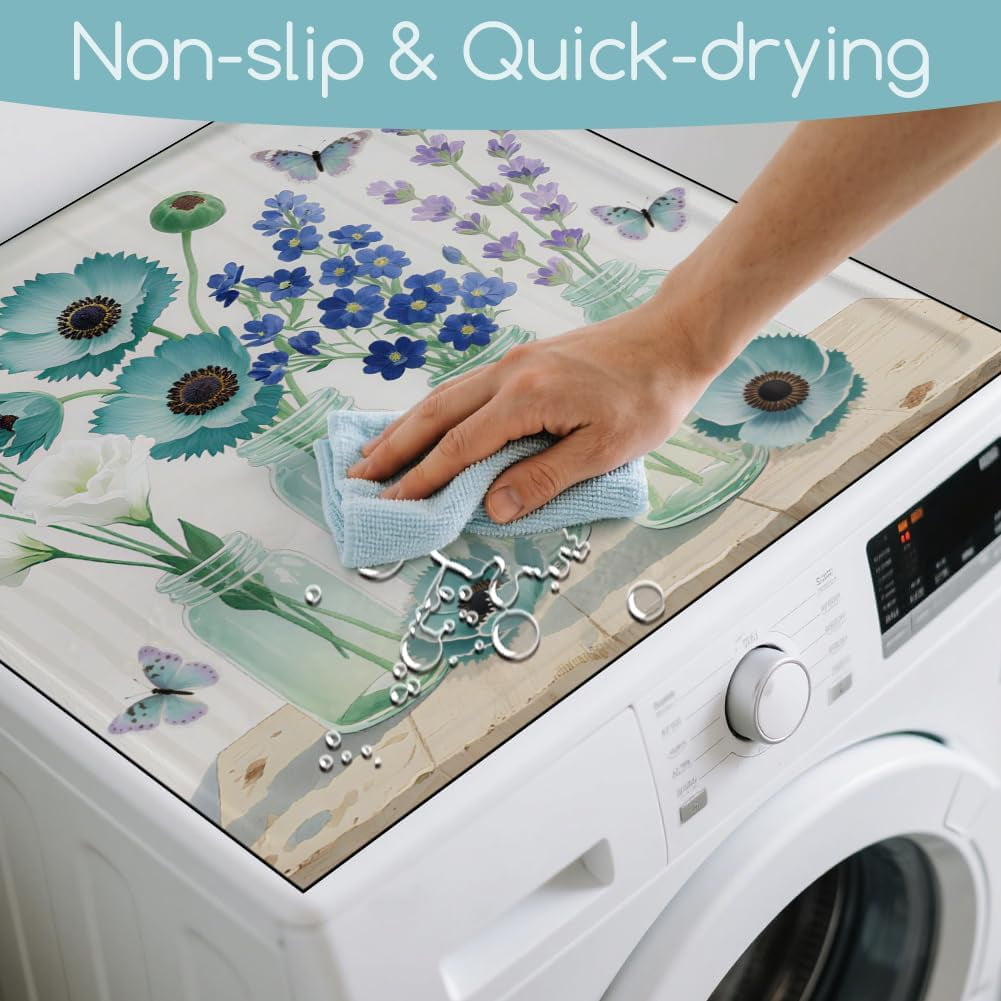 Lavender Mason Jar Laundry Room Washer Dryer Dust Cover Mat 23.6x23.6inch Papaver Washing Machine Top Protector Pad Retro Lavender