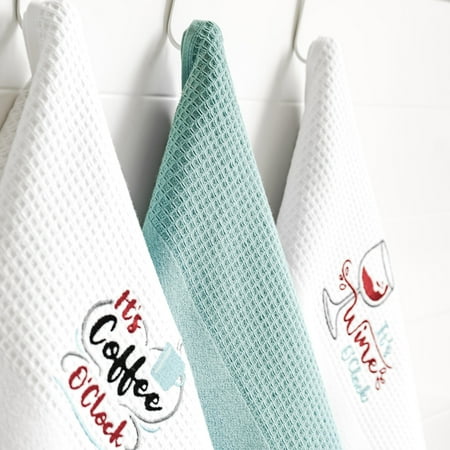 

Luzia O Clock Kitchen Towels; Stylish and Absorbent - Waffle Weave Embroidered Towels – Set of Three White and Cameo Blue Color