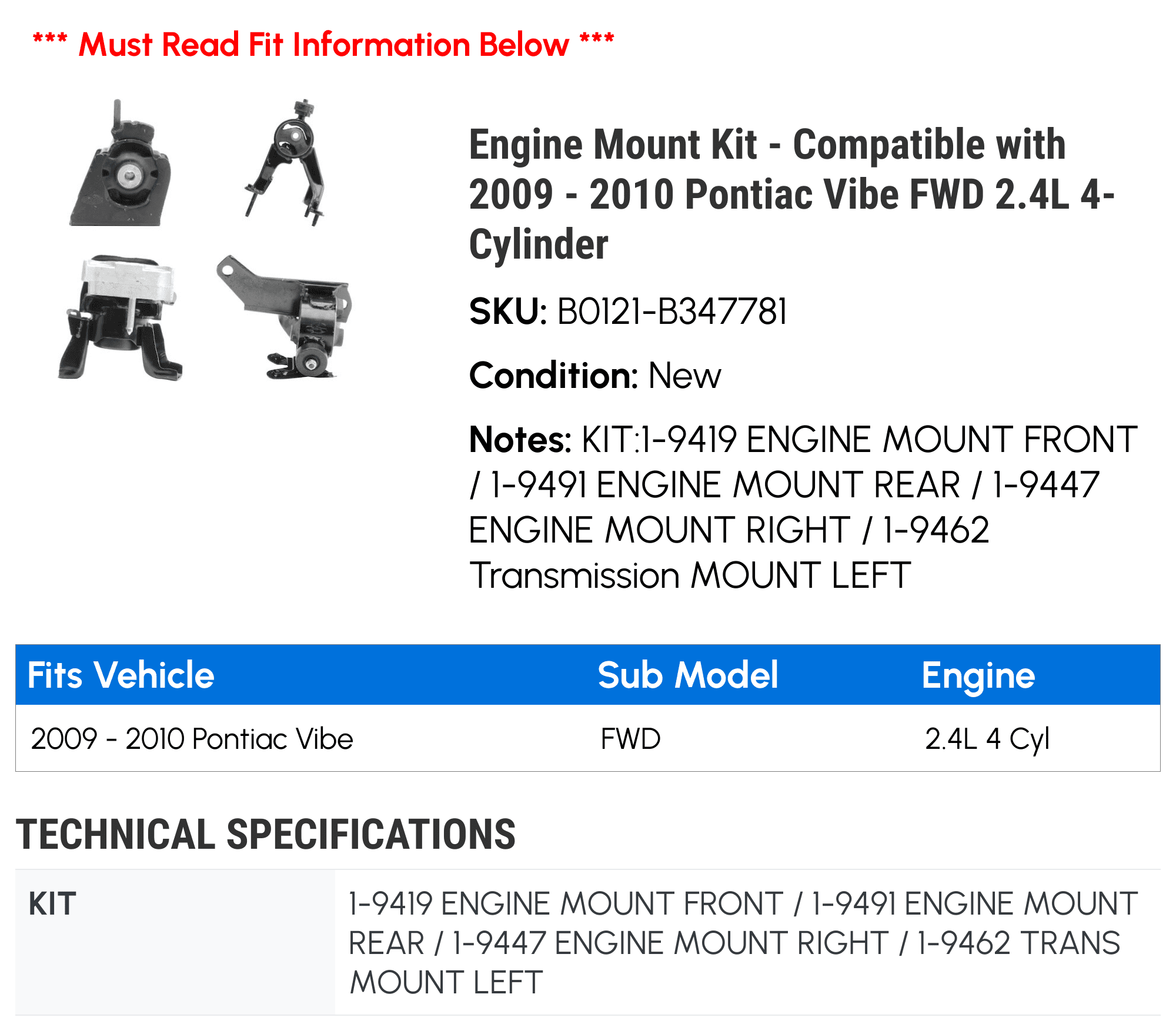 Engine Mount Kit - Compatible with 2009 - 2010 Pontiac Vibe FWD 2.4L 4-Cylinder