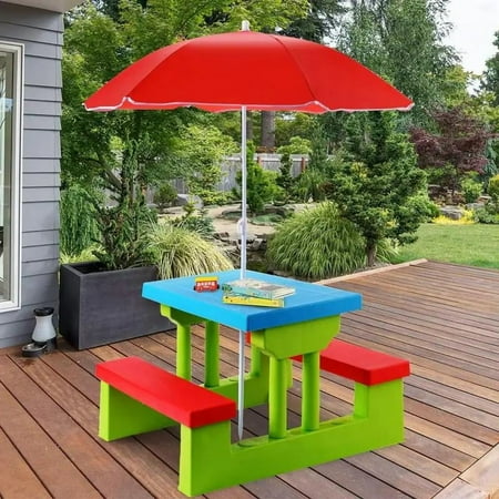 Waterproof plastic2-in-1 Garden Table with Folding , Outdoor Table and Chairs with Removable and Adjustable Umbrella, Table Indoor, Portable Picnic Table for Patio, Backyard, Garden