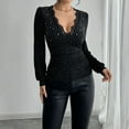 thumbnail image 2 of Fashion Olyvenn Women's Slim Tops Shirt Lace V-Neck Rhinestone Shirt Ruched Raglan Long Sleeve T Shirts Casual Elegant Blouse Black S, 2 of 9