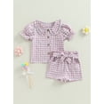 thumbnail image 2 of Wassery 2PCS Kids Girls Summer Outfits Short Sleeve Doll Collar Plaid Print Button Shirt + Shorts Set 2 3 4 5 6 Year Toddler Baby Girls Clothes, 2 of 8
