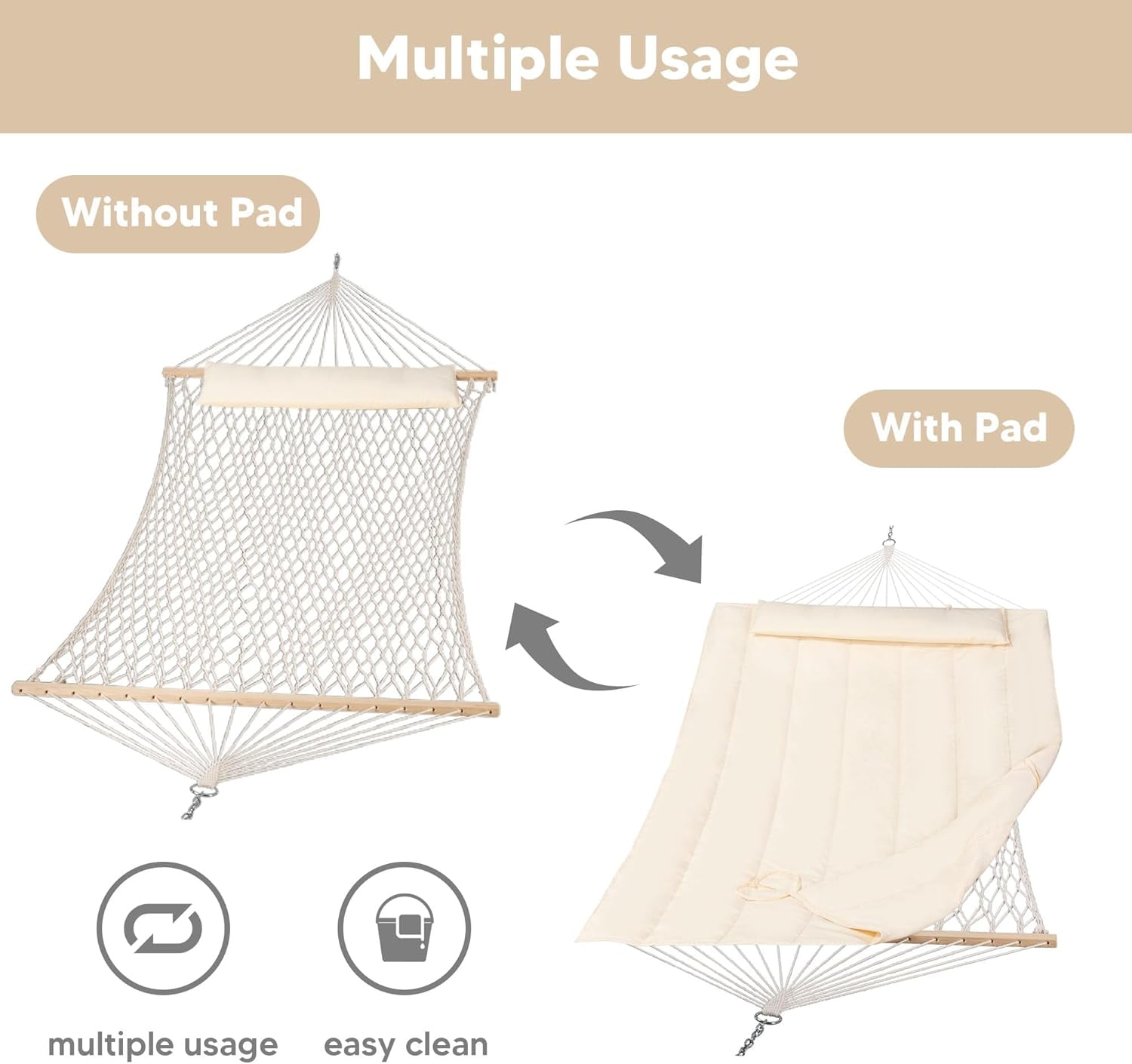 SUNCREAT Hammocks Replacement Hammock for Stand, 475 lbs Capacity, Two Person Backyard Hammock with Pad for Outside, Beige