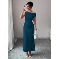 thumbnail image 6 of Teal Blue Off-The-Shoulder Ruched Waist Bodycon Maxi Dress For Women, 6 of 6