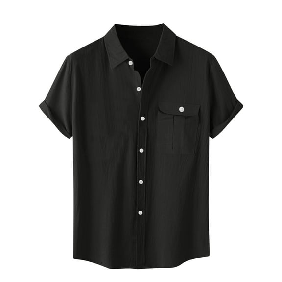 Stamzod Oversized Shirt Men Summer Cotton and Linen Button Down Shirt with Pocket Fashion Solid Color Short Sleeve Oversized Casual Shirts for Men Black A XXL