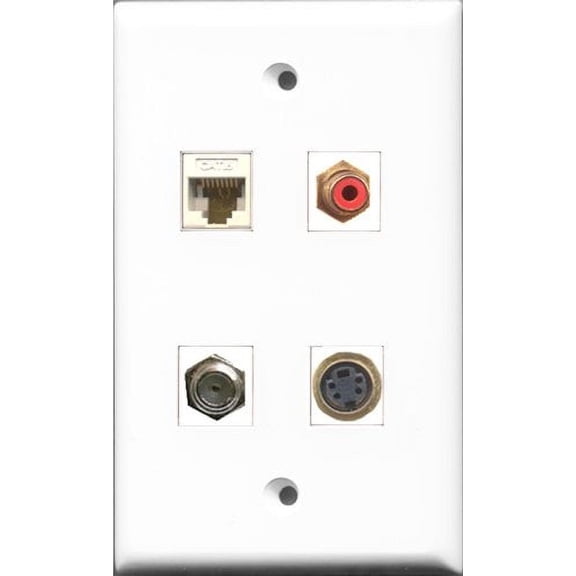 RiteAV 1 Port RCA Red and 1 Port Coax Cable TV- F-Type and 1 Port S-Video and 1 Port Cat6 Ethernet White Wall Plate