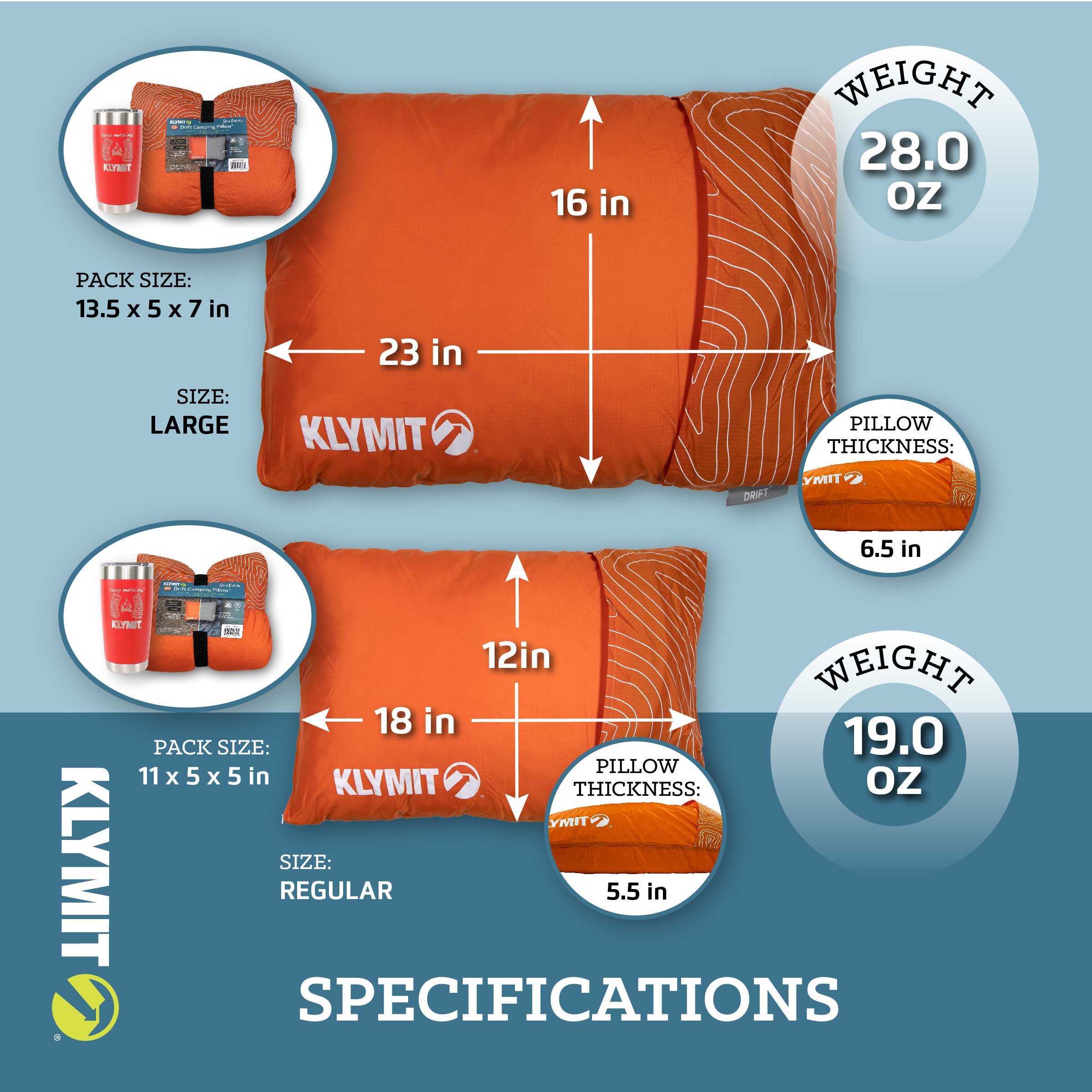 Klymit Drift Camp Large Outdoor Pillow, 23x16x6.5in, Orange