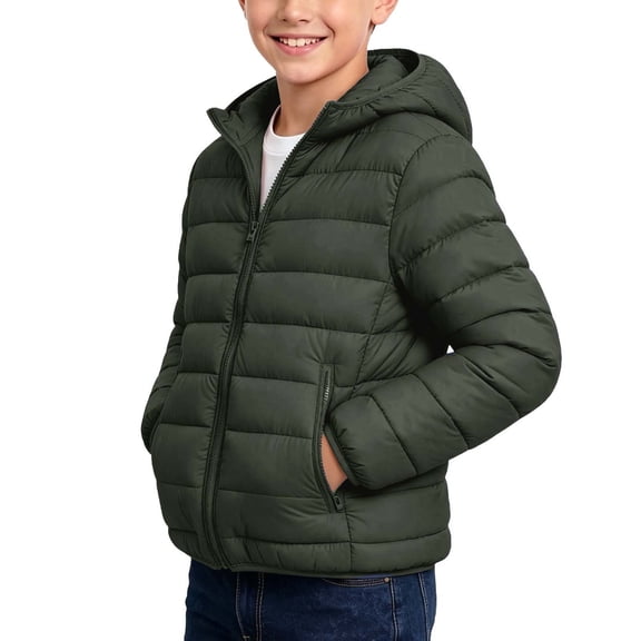 Owordtank Boys Dusty Hooded Quilted Puffer Jacket Full Zip Zipper Side Pockets Lightweight Warm Casual Outerwear Coat