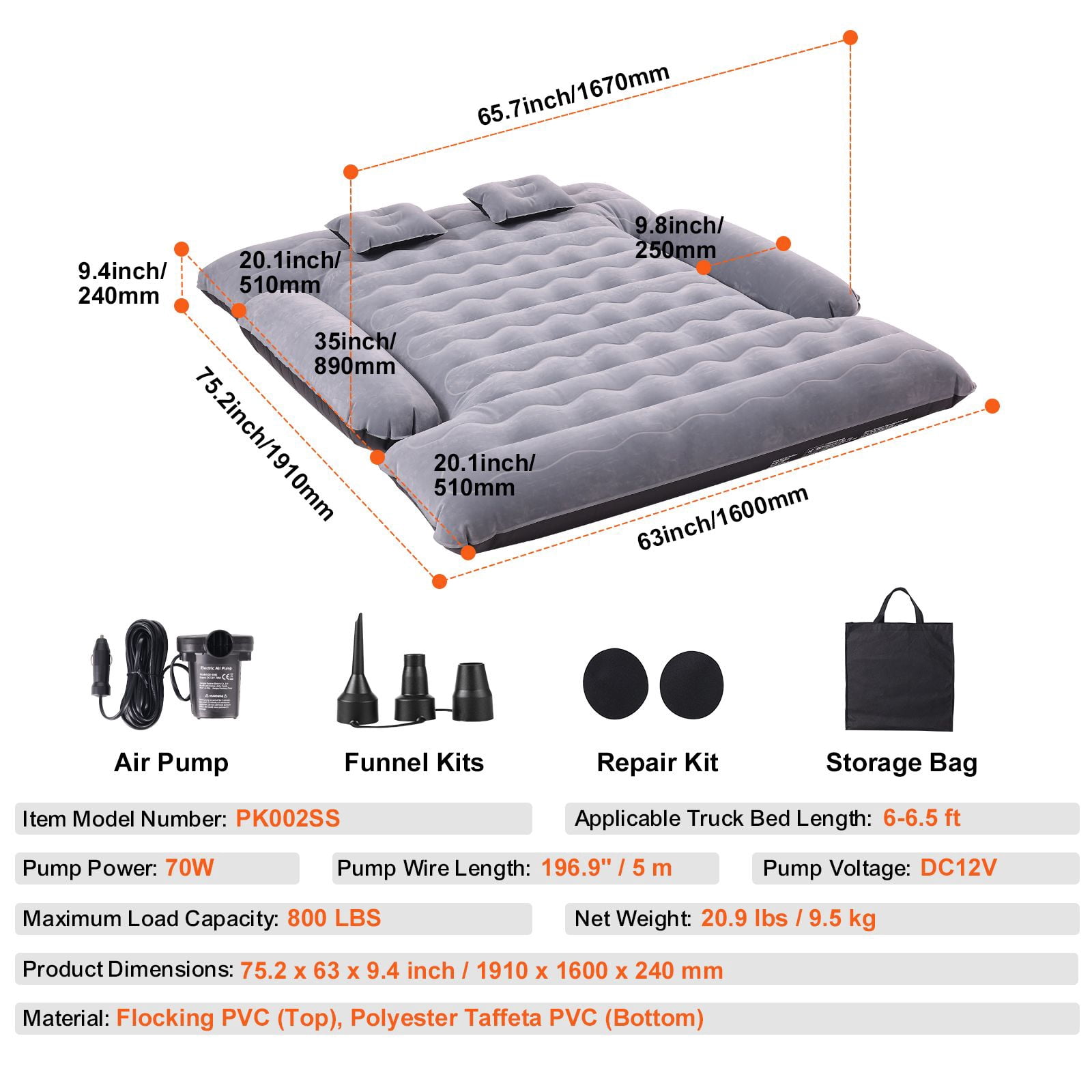 6-6 Truck Bed Air Mattress, 800LBS Load Capacity, Inflatable Air Mattress Camping Bed with 12V Air Pump 2 Pillows, Ford 150/250/350, for home office apartment bedroom and small space use