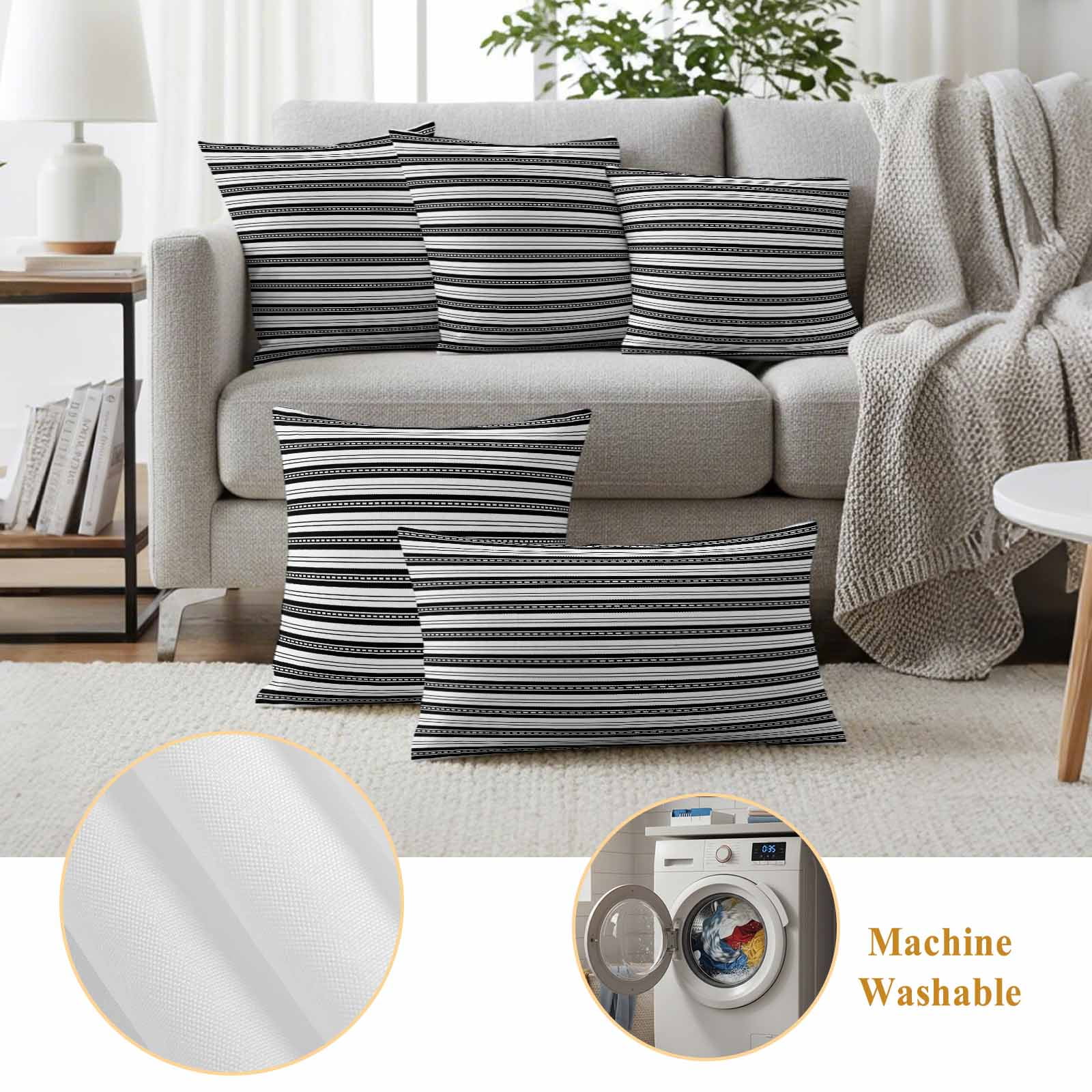 Boho Black Stripe Outdoor Waterproof Pillow Covers, Abstract Geometric White Minimalist Decorative Square Throw Pillowcase Sofa Cushion Sham for Patio/Couch/Chair, 20"x20" 2 Pack