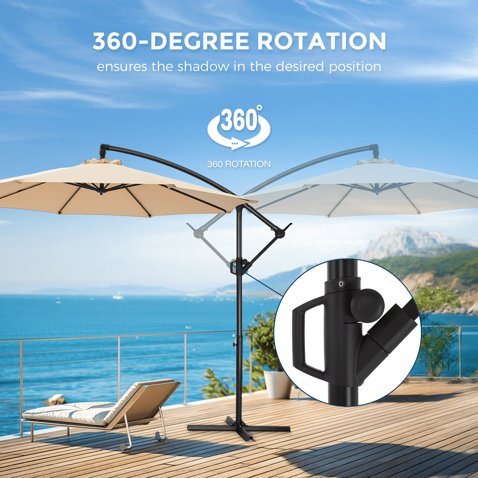 Patbrela 10ft Cantilever Patio Umbrella, 360-Degree Rotation Hanging Offset Market Outdoor Umbrella, Tilt Adjustment, for Backyard, Deck, Poolside, Beige (Base not included)