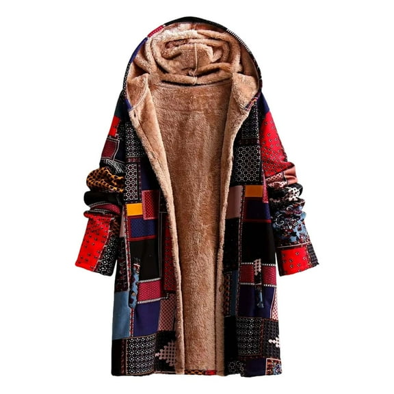 NAFUU Women's Full Zip Jacket Hooded Coat Autumn Winter Ethnic Style Lined Outerwear Loose Fit Long Jacket Casual Warm Coats Comfy Women's Coats