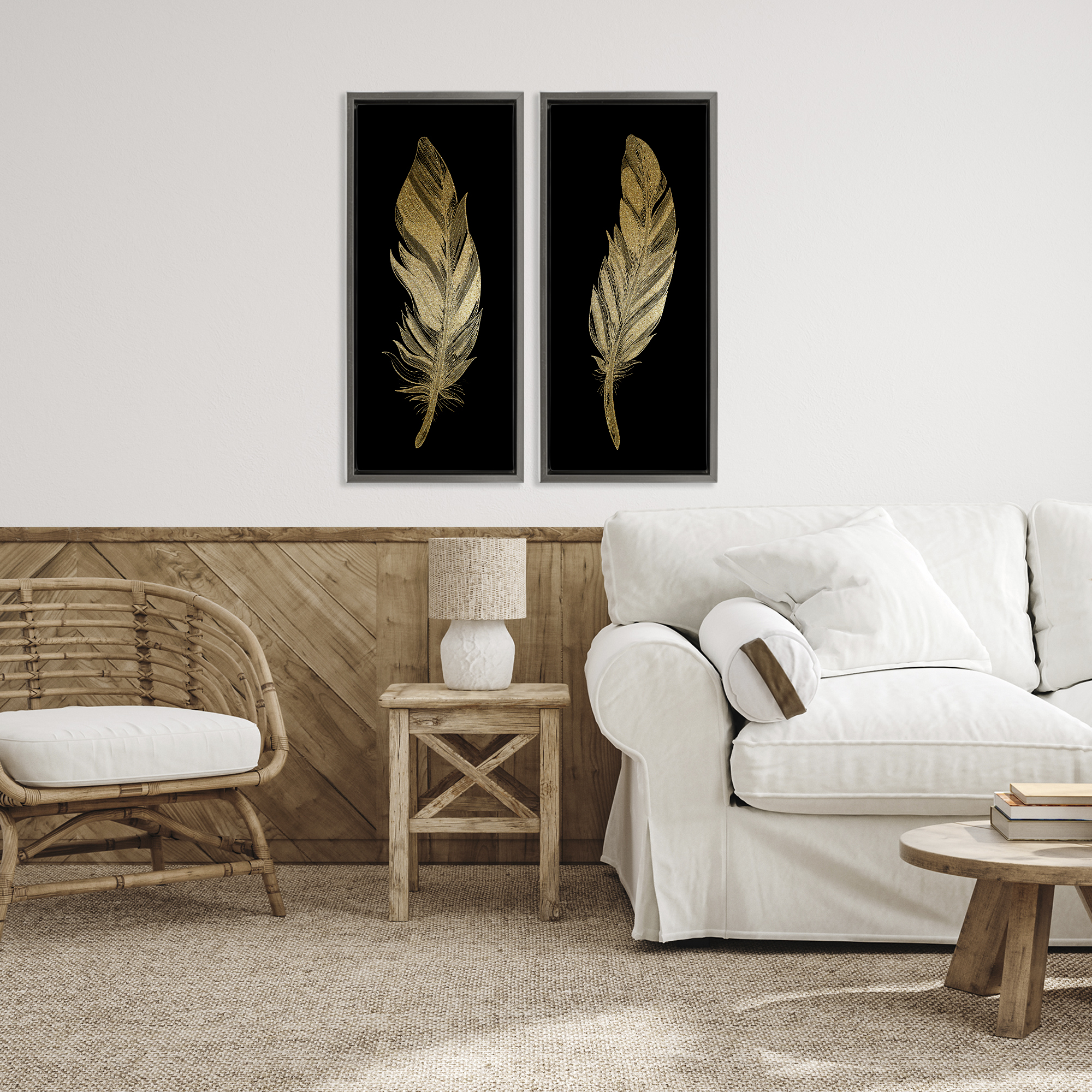 Glam Detailed Feather 2 Piece Gray Framed Floater Canvas Set, design by Kim Allen