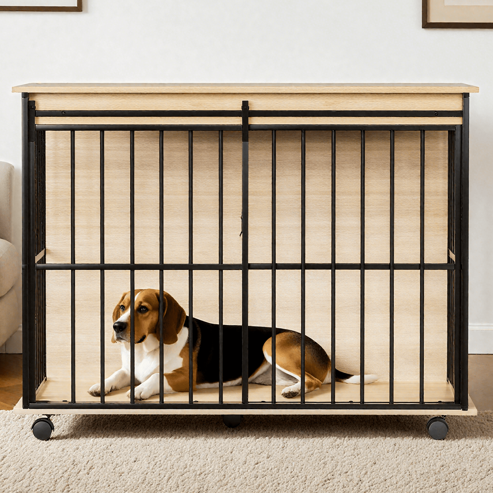 ZephyPaws 44in Dog Crate Furniture,Wooden Dog Kennel Indoor with Double Doors, Dog Cage with Wheels,Dog House Side End Table for Large Dogs up to 85 lb,Natural Black