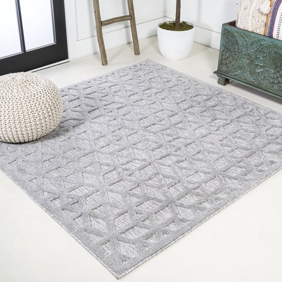 JONATHAN Y IBIZA 5' Square Area Rug, Talaia Neutral Geometric - Light Gray, IBZ102C-5SQ