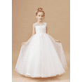 thumbnail image 4 of Floor length Flower Girl Dress Scoop Neck Tulle Applique Princess Pageant Dress Birthday Party Dress for Girls Elegant Floral Design Special Occasion White 4 -5 Years, 4 of 10