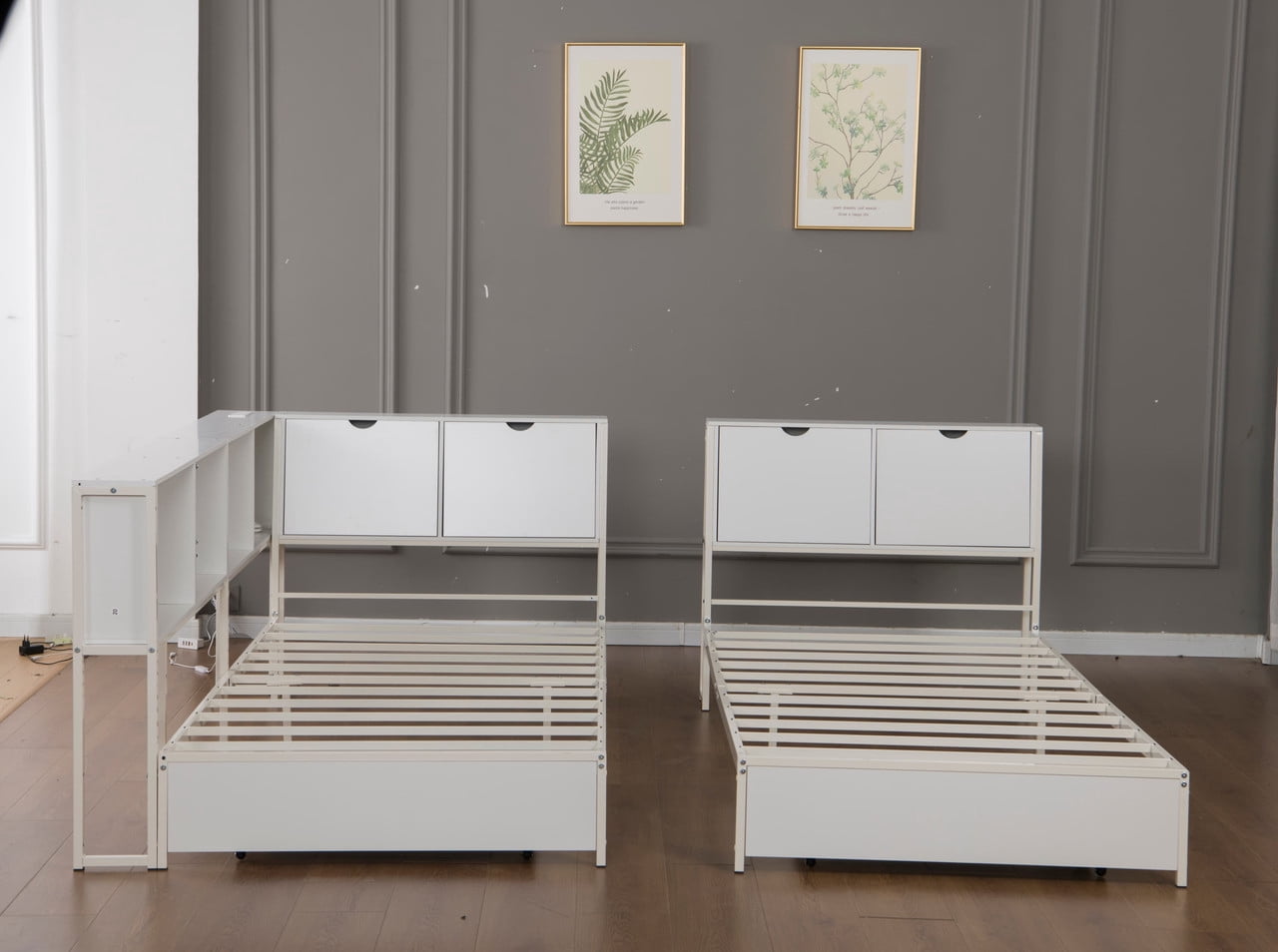 2 x Twin Size Metal Platform Bed Frame with Storage Headboard, Detachable Daybed with LED Lights, Drawers and Side Shelves