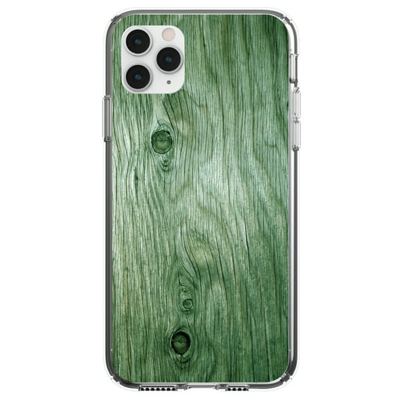 DistinctInk Clear Shockproof Hybrid Case for iPhone 13 Pro MAX (6.7" Screen) - TPU Bumper, Acrylic Back, Tempered Glass Screen Protector - Green Weathered Wood Grain Print - Printed Wood Grain Image