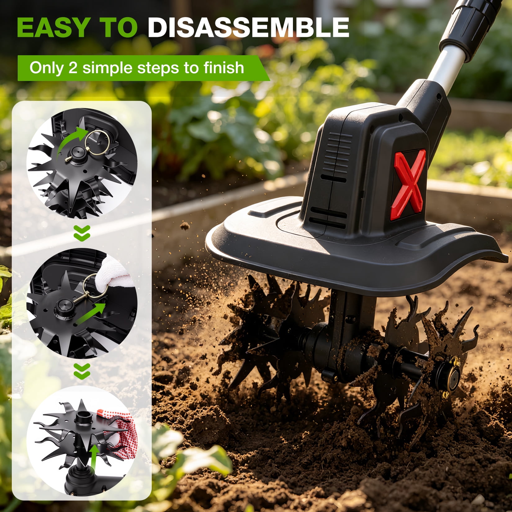 SHALL 21V Cordless Tiller Cultivator, 360RPM Electric Garden Tiller with 2 * 2.0Ah Batteries & Fast Charger, 8" Width and 6" Depth Garden Rototiller for Lawn, Gardening, Soil Cultivation
