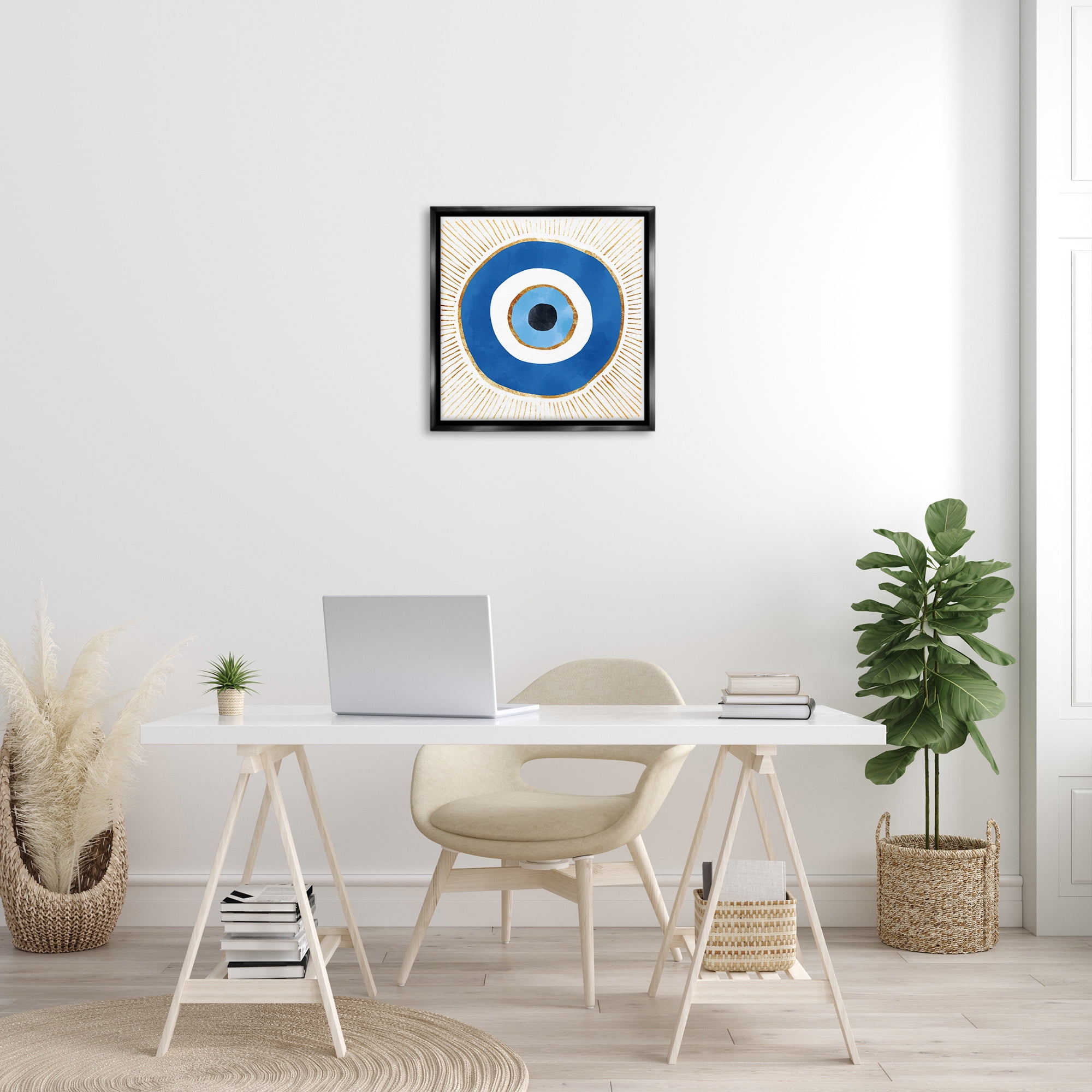 Stupell Industries Evil Eye Symbol Striped Rays Abstract Painting Black Floater Framed Canvas Art Print Wall Art, 25 x 25