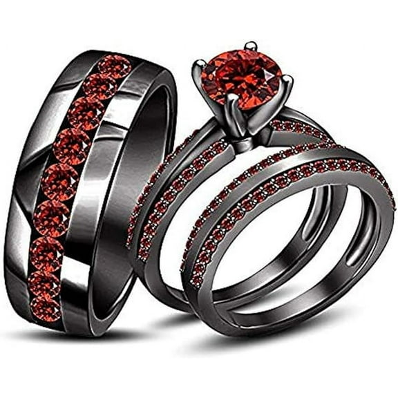Rag Jewels 1.25 Ct Round Cut Red Ruby Wedding Engagement Trio Ring Set 14K Black Gold Plated 925 Sterling Silver For Unisex -4.5