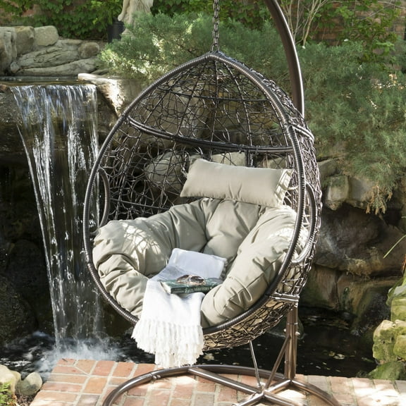 37.7'' W Hanging Egg Chair without Stand, Patio Wicker Hammock, Egg Swing Chair with Cushion for Bedroom Garden Indoor Outdoor (Khaki)