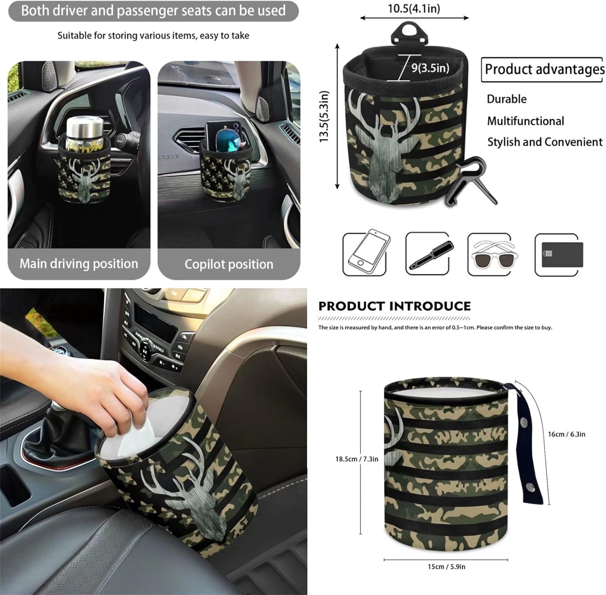 Jeiento Deer 12 Pcs Car Seat Cover Set with Front Car Seat Cover Steering Wheel Armrest Cover Seat Belt Pads Garbage Can Air Vent Pouch Rearview Mirror Cover Coaster Keychain American Flag Camo