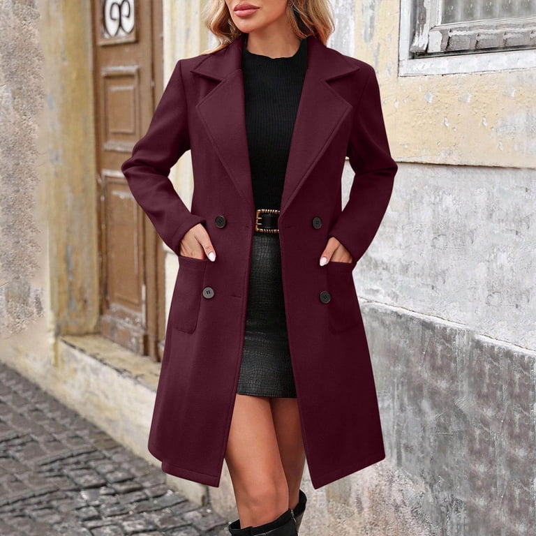 Miluxas Womens Long Wool Coats Fall Winter Trench Coat Peacoat Dress Jackets Wine M(M)