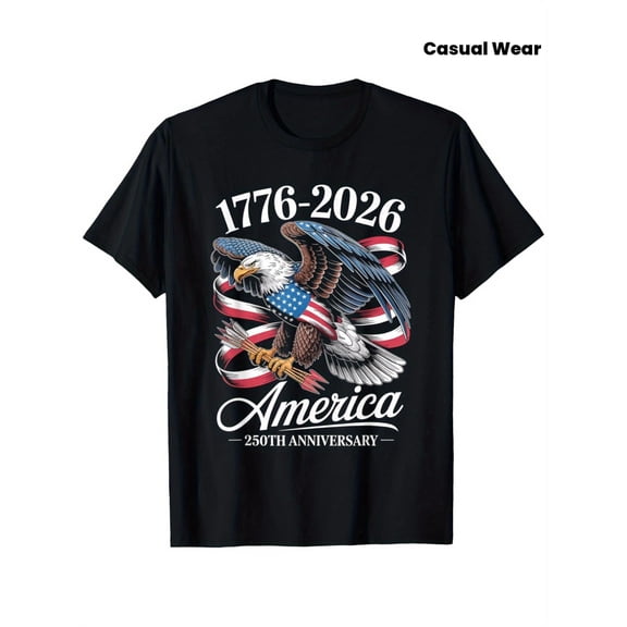 Retro America 250th Anniversary 1776-2026 Patriotic Bald Eagle USA Flag Graphic T-Shirt, Vintage Semiquincentennial Celebration Men's Short Sleeve Tee