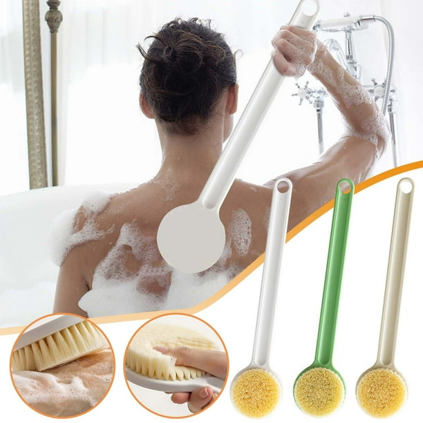 Cepillo trasero de mango largo - cepillo para ducha y baño con cerdas suaves y exfoliantes, agarre ergonómico antideslizante, agujero colgante, plástico PP resistente