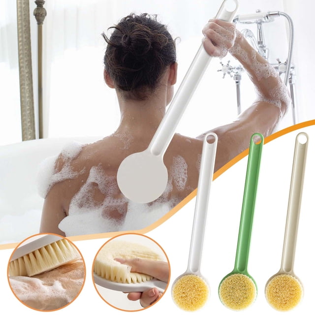 Cepillo trasero de mango largo - cepillo para ducha y baño con cerdas suaves y exfoliantes, agarre ergonómico antideslizante, agujero colgante, plástico PP resistente