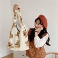 thumbnail image 6 of Women 1PCS Canvas Double sided Cute Lamb Like Fabric Shopping Bags School Bag Fluffy Fur Bear Handbags Shoulder Tote Bag BLACK, 6 of 8