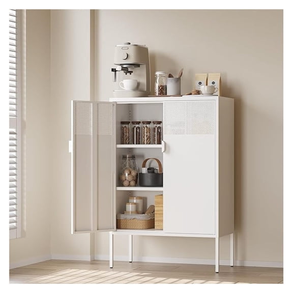 White Metal Storage Cabinet with Adjustable Shelves, 47”H Modern Buffet Sideboard & Coffee Bar Cabinet with Magnetic Doors, Ventilated Steel Organizer for Kitchen, Dining Room, Home Office