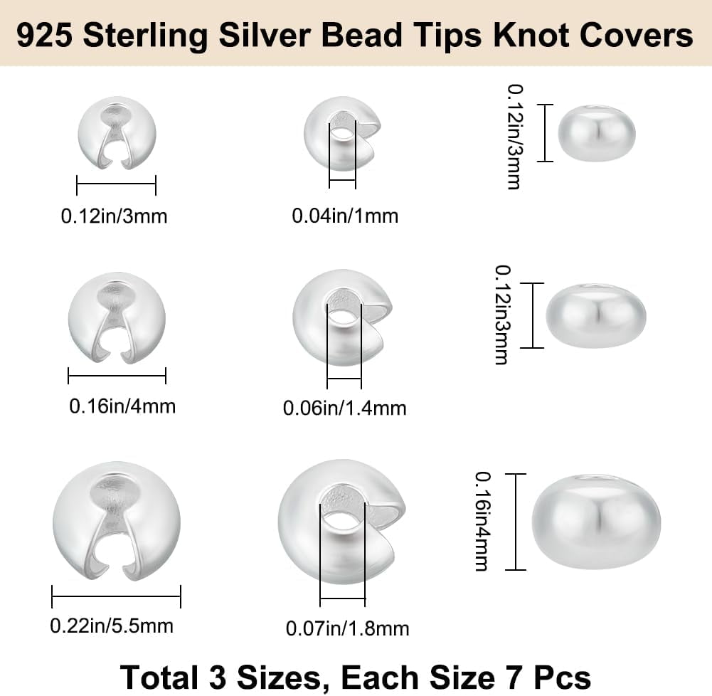1 Box 1 Box 21Pcs 3 Size Crimp Beads Covers Sterling Silver Half Round Open Crimp Bead End Tip for Jewelry Making Bracelets Necklaces