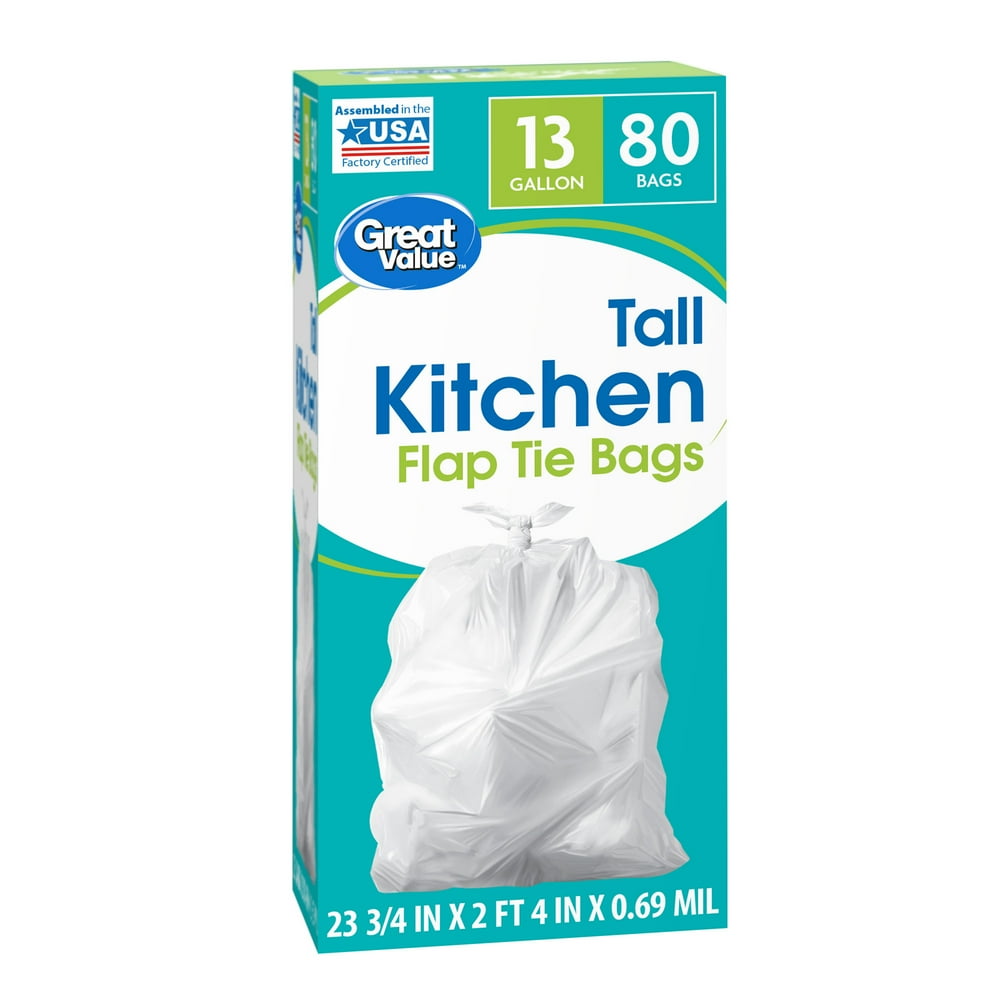 Great Value Tall Kitchen Flap Tie Trash Bags, 13 Gallon, 80 Count