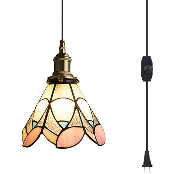 Kiven Plug in Pendant Light, Tiffany Stained Glass Hanging Light Fixture with Glass Lampshade, E26 Socket Dimmable Pendant Light for Bedroom Hallway Kitchen