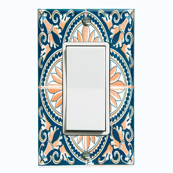 Metal Light Switch Plate Cover Peach Blue Floral Tile Pattern TIL023