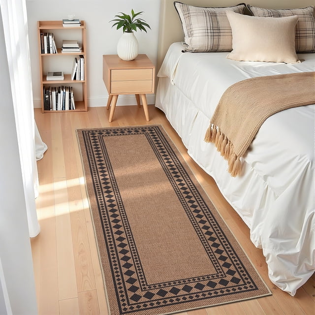 Garvee 2'x6' Modern Bordered Rug Solid Runner Rug, Geometric Washable Rugs Stain Resistant Low Pile Rug Non Slip Indoor Outdoor Carpet for Hallway Bedroom Home Office, Coffee