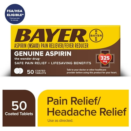 Bayer Genuine Aspirin 325 mg Coated Tablets for Multi-symptom pain relief and Headache Relief, 50 Count