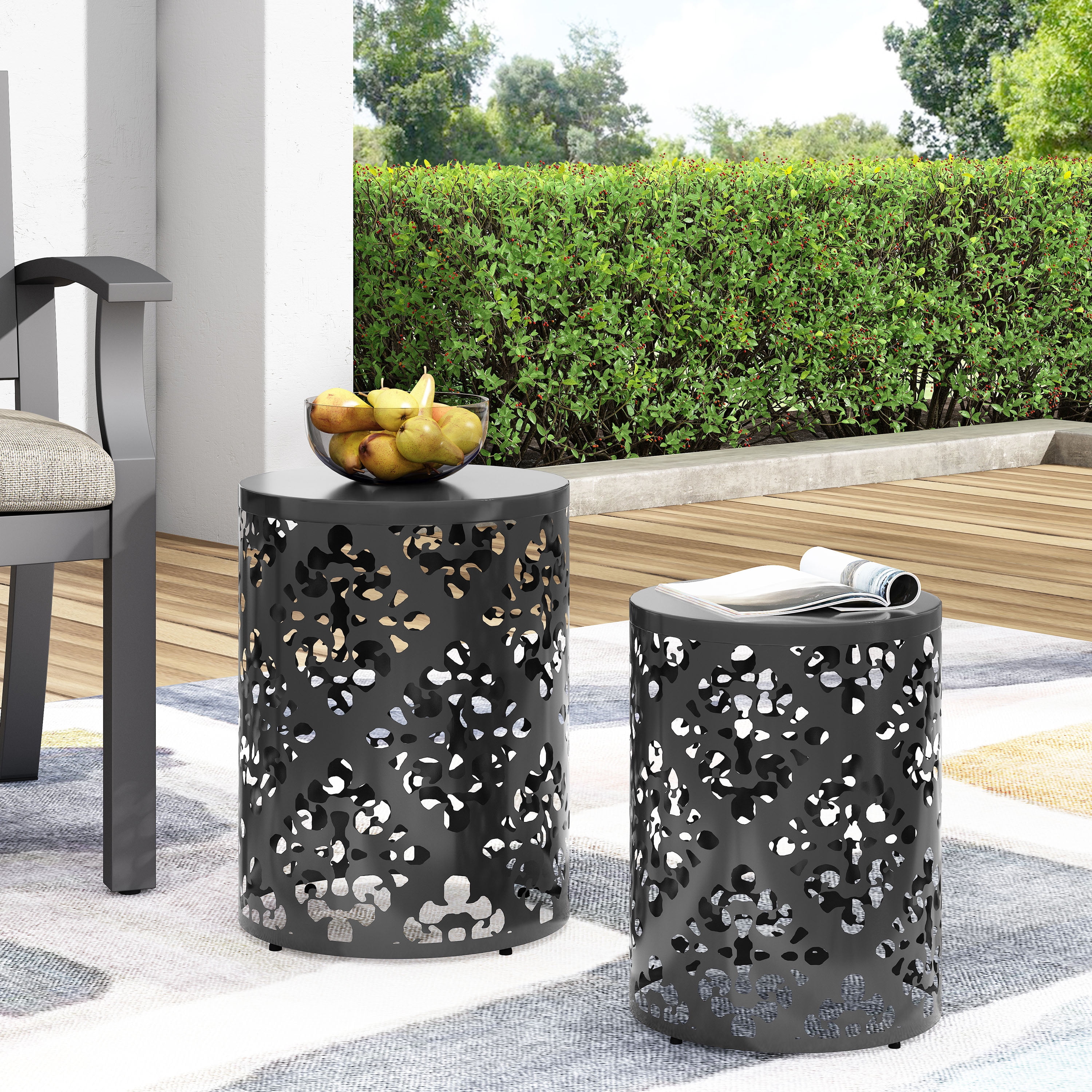 Outdoor Nesting Side Table Set of 2, Cylindrical Floral Pattern Structure for Patio Garden, Black