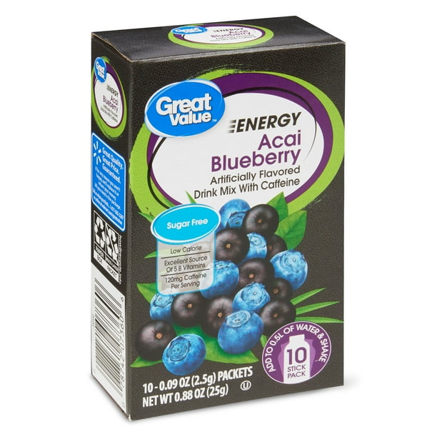 Great Value SugarFree Energy Acai Blueberry Drink Mix, 0.88 oz, 10