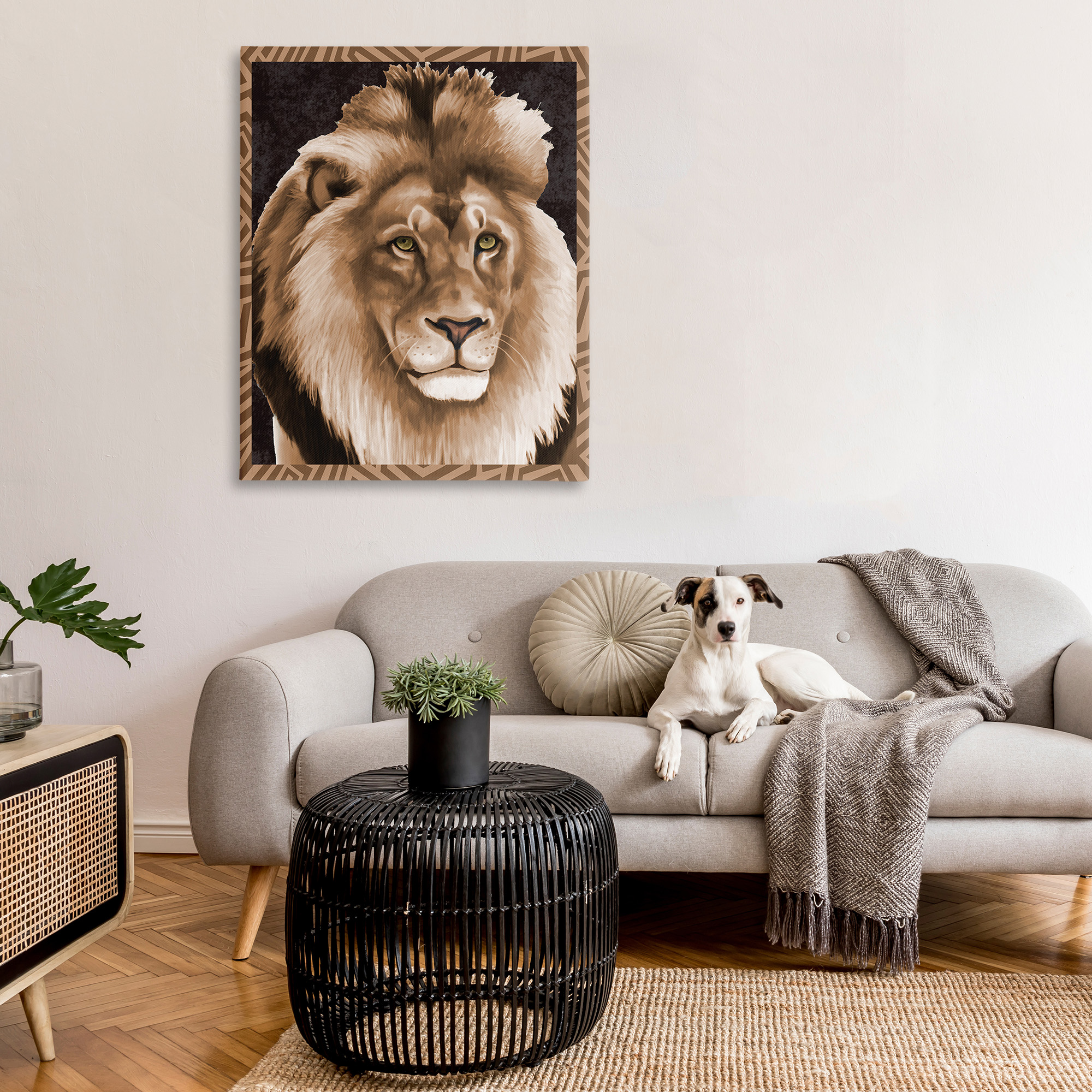 Stupell Industries Lion with Geometric Border Animals & Insects Painting Gallery Wrapped Canvas Art Print Wall Art, 36 x 48