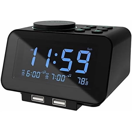 Digital Dual Alarm Clock Radio - 0-100% Dimmer with Weekday/Weekend Mode, 6 Sounds Adjustable Volume, FM Radio w/Sleep Timer, Snooze, 2 USB Charging Ports, Thermometer, Battery Backup