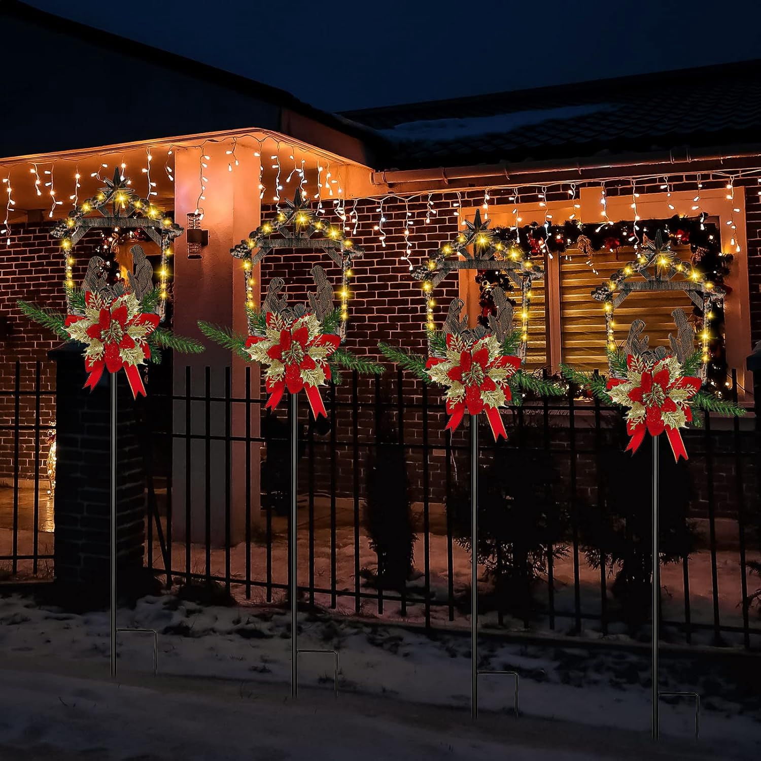 2 Pcs Nativity Scene Outdoor Yard Stakes Metal Christmas Light Decorations LED Christmas Decorations Nativity Scene Outdoor Solar Outdoor Lighted Nativity Scene for Pathway Garden Lawn (Classic)