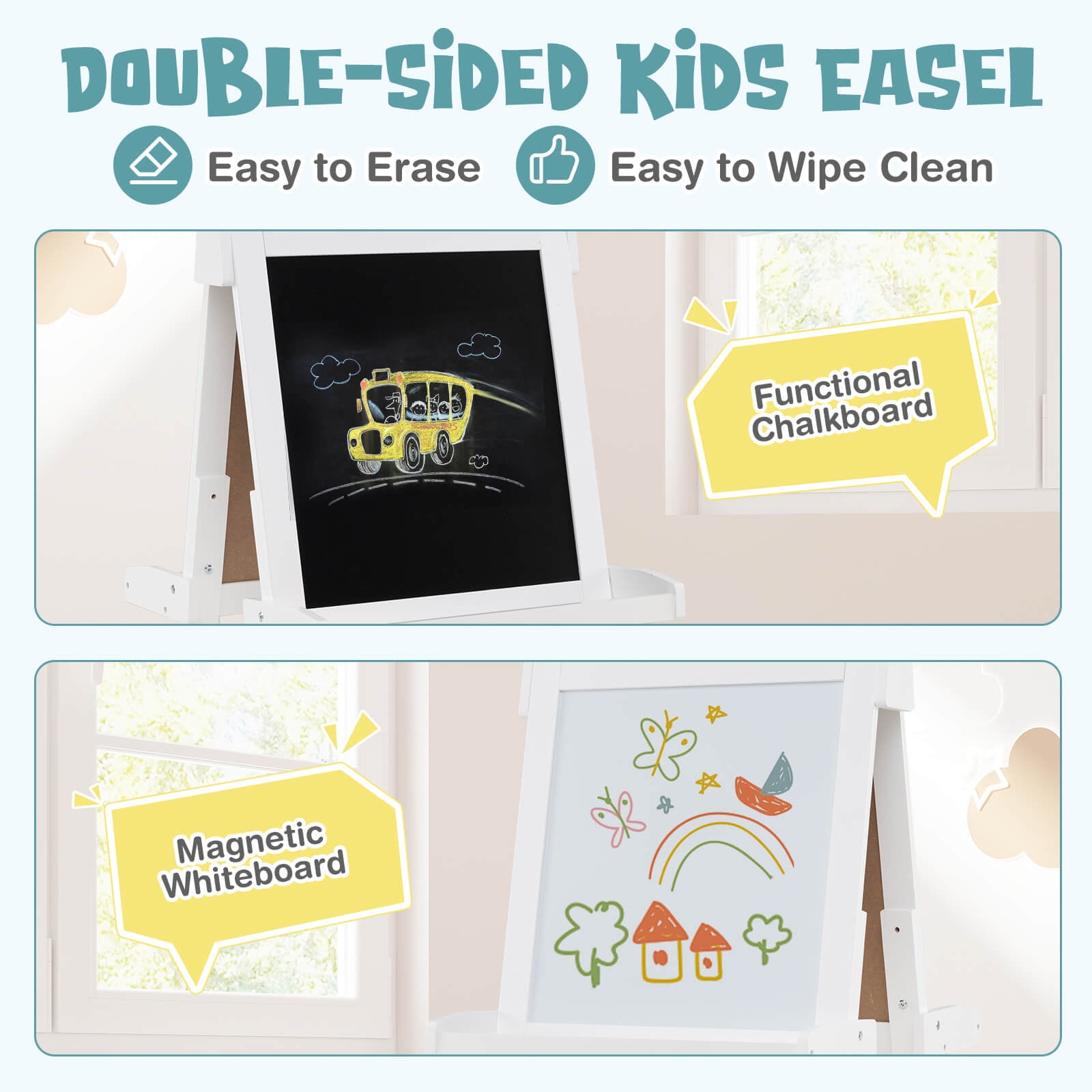 Costway Foldable Easel for Kids 3-in-1 Double-sided Art Easel with Chalkboard White